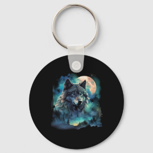 Grey Wolf Hunting Grounds Icy Moon Forest Galaxy Keychain