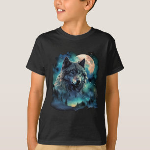 Grey Wolf Hunting Grounds Icy Moon Forest Galaxy T-Shirt