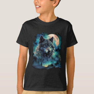 Grey Wolf Hunting Grounds Icy Moon Forest Galaxy  T-Shirt