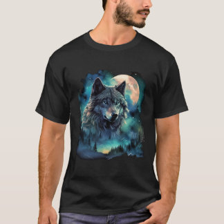 Grey Wolf Hunting Grounds Icy Moon Forest Galaxy  T-Shirt