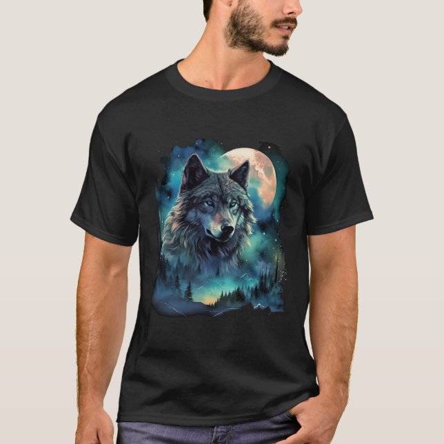 Grey Wolf Hunting Grounds Icy Moon Forest Galaxy  T-Shirt (Front)