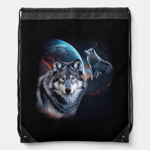 Grey Wolf Hunting Grounds Icy Moon Forest Galaxy W Drawstring Bag