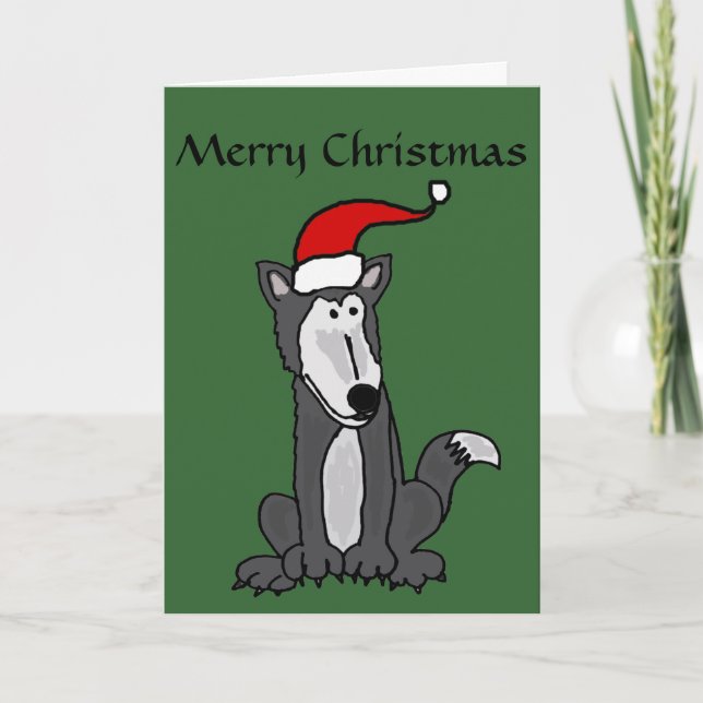 Grey Wolf in Santa Hat Art Holiday Card (Front)