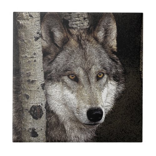 Grey wolf ink art Tile or Trivet