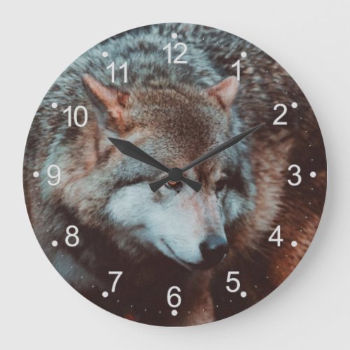 Grey Wolf looking in the forest Large Clock