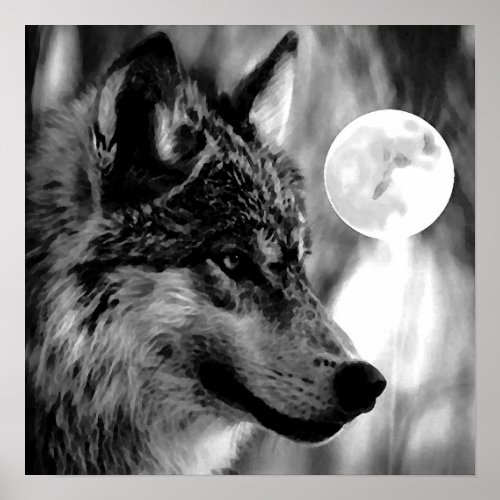 Grey Wolf  Moon Poster Print