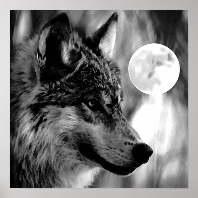 Grey Wolf & Moon Poster Print (Front)