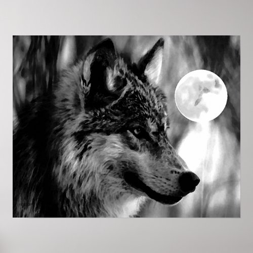 Grey Wolf  Moon Poster Print
