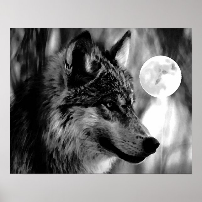 Grey Wolf & Moon Poster Print (Front)
