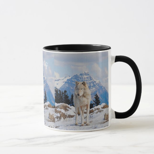 Grey Wolf & Mountain Wildlife Art Drinking Mug (Right)