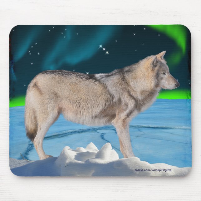 Grey Wolf & Northern Lights Fantasy Mousepad (Front)