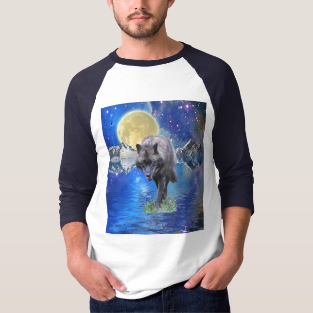 GREY WOLF & OUTER-SPACE Fantasy Wildlife Art T-Shirt (Front)