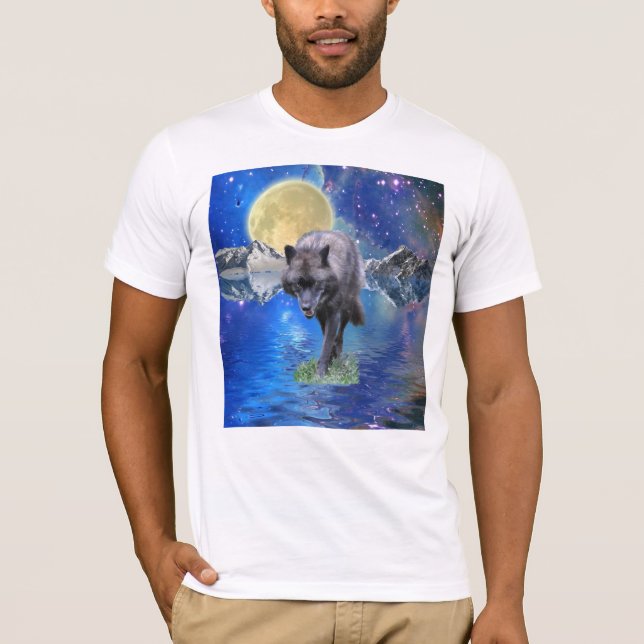 GREY WOLF & OUTER-SPACE Fantasy Wildlife Art T-Shirt (Front)