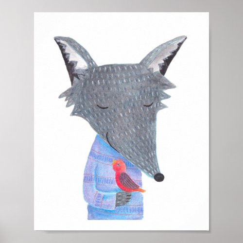 Grey Wolf Red Bird Woodland Illustration Poster