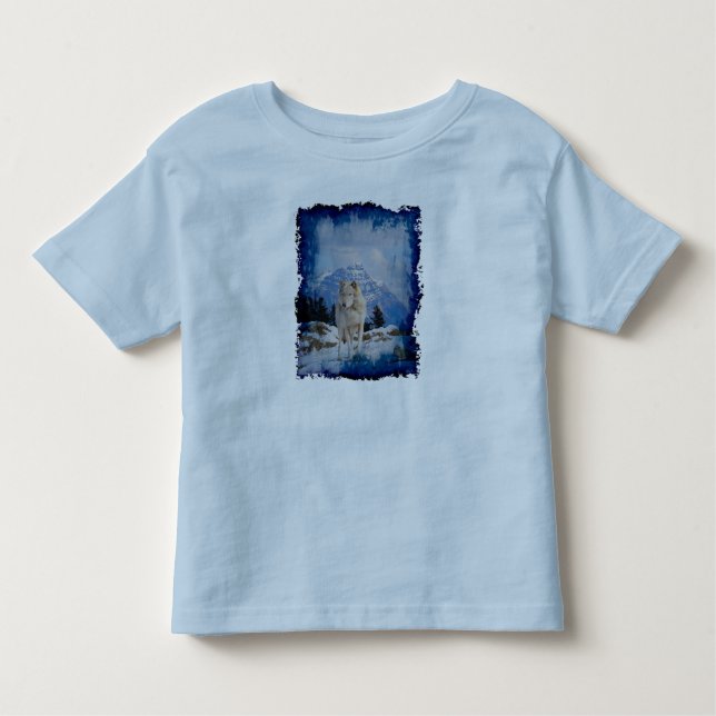 Grey Wolf & Rocky Mountains Wildlife Art T-Shirt (Front)