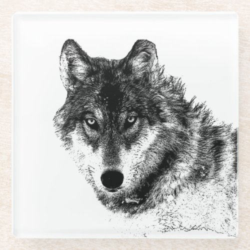 Grey Wolf Sketch Artwork Glass Coaster