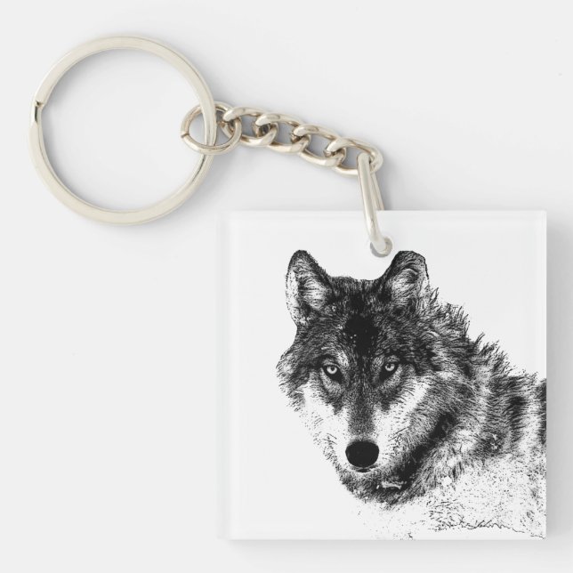 Grey Wolf Sketch Artwork Keychain (Front)