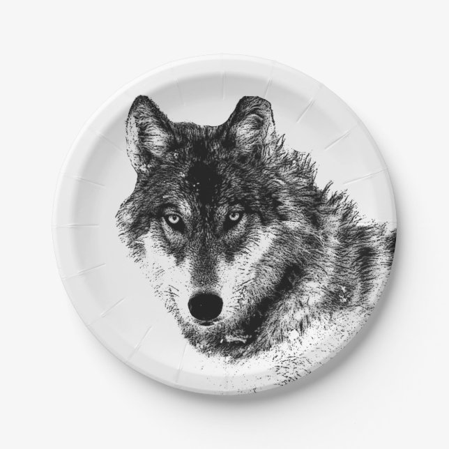 Grey Wolf Sketch Artwork Paper Plates (Front)