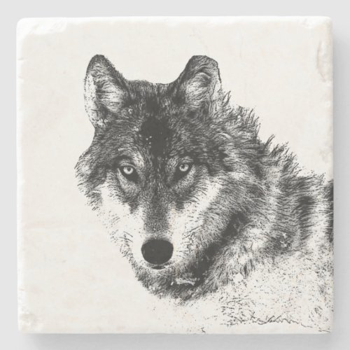 Grey Wolf Sketch Artwork Stone Coaster