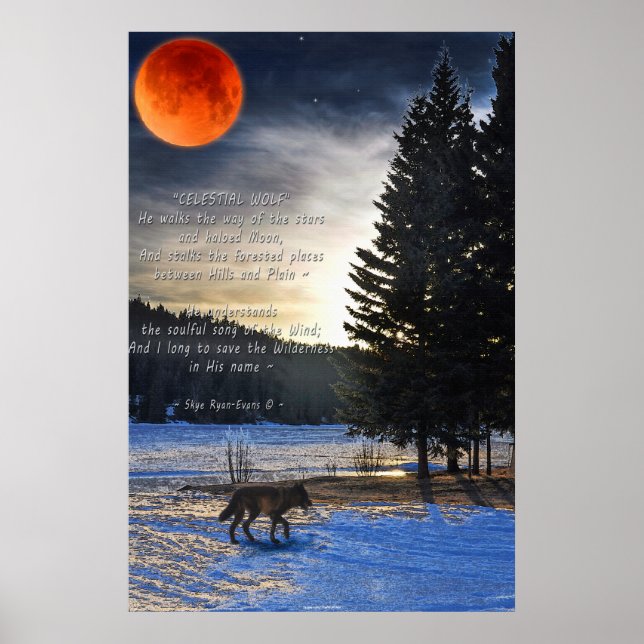 Grey Wolf, Snow, Blood Moon & Lake w Wolf Poem Poster (Front)