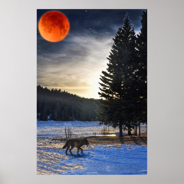 Grey Wolf, Snow, Blood Moon & Lake Wildlife Art Poster (Front)