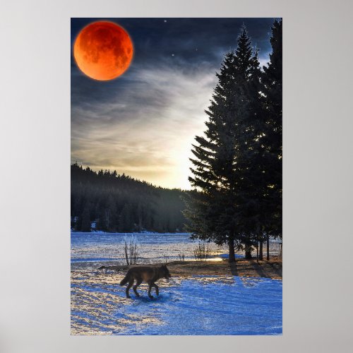Grey Wolf Snow Blood Moon  Lake Wildlife Art Poster