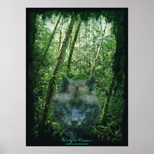 Grey Wolf Spirit in Forest Eco Fantasy Art Poster