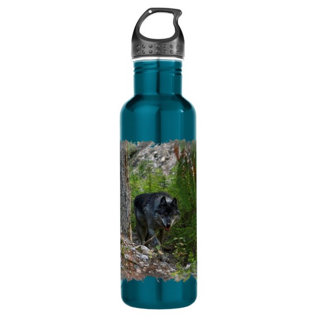 Grey Wolf Stalking in Forest Wildlife Photo Water Bottle (Front)
