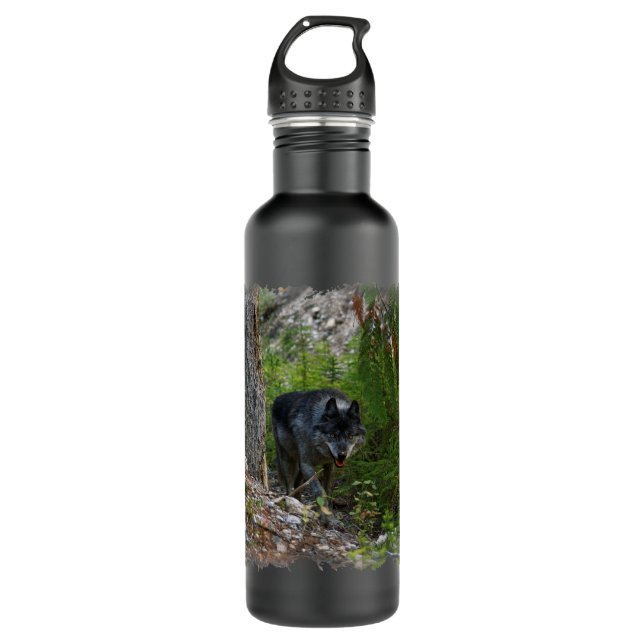 Grey Wolf Stalking in Forest Wildlife Photo Water Bottle (Front)