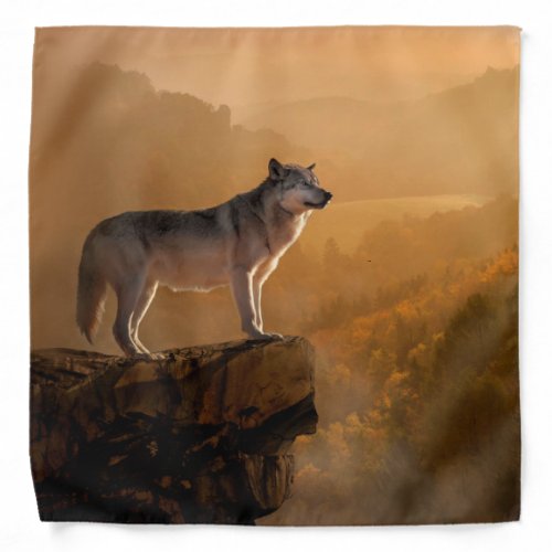 Grey wolf standing on a rock in the forest bandana