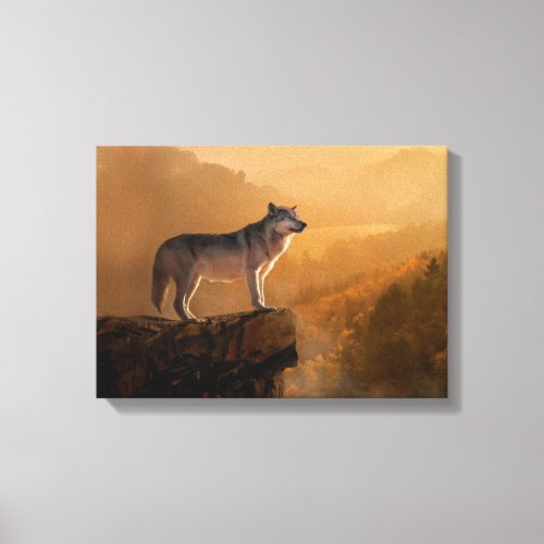 Grey wolf standing on a rock in the forest canvas print