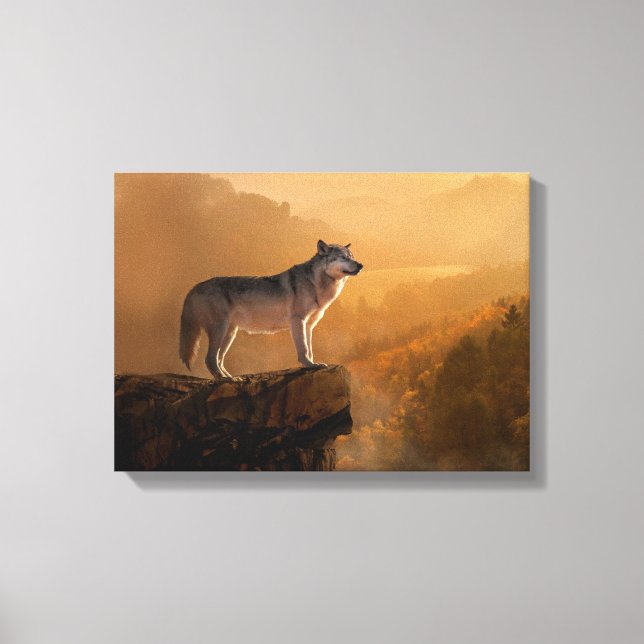 Grey wolf standing on a rock in the forest canvas print (Front)