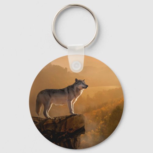 Grey wolf standing on a rock in the forest keychain
