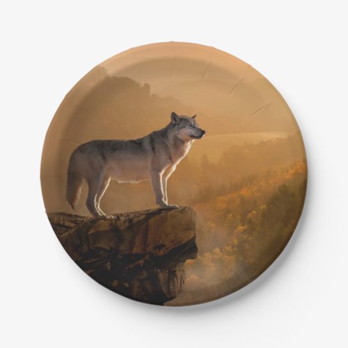 Grey wolf standing on a rock in the forest paper plates