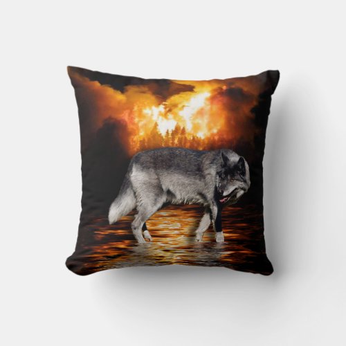 Grey Wolf Wild Animal Fires Throw Pillow