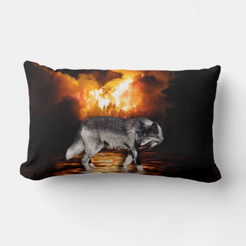 Grey Wolf Wildlife and Forest Fire Survivor Lumbar Pillow