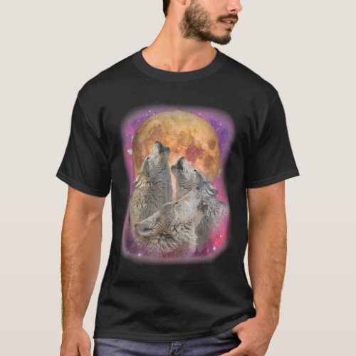 Grey Wolves Howling At The Moon Galaxy Sky Wolf Lo T_Shirt