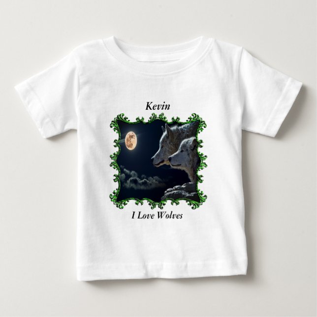 Grey wolves looking into the full moon baby T-Shirt (Front)