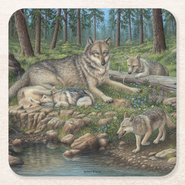 Grey Wolves Square Paper Coaster (Front)