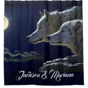 Grey Wolves Under a Full Moon Shower Curtain