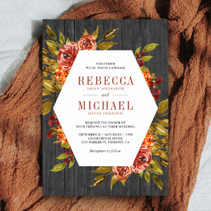 Grey Wood Burnt Orange Floral Autumn Fall Wedding Invitation
