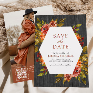 Grey Wood Burnt Orange Floral Autumn Fall Wedding Save The Date