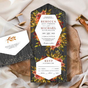 Grey Wood Burnt Orange Floral Fall Autumn Wedding All In One Invitation