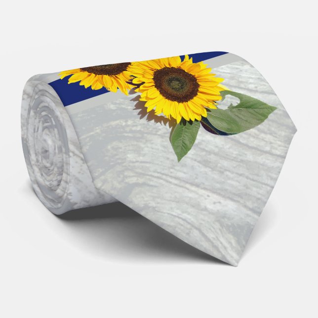 Grey wood Cobalt Blue Sunflower Rustic Wedding Neck Tie (Rolled)