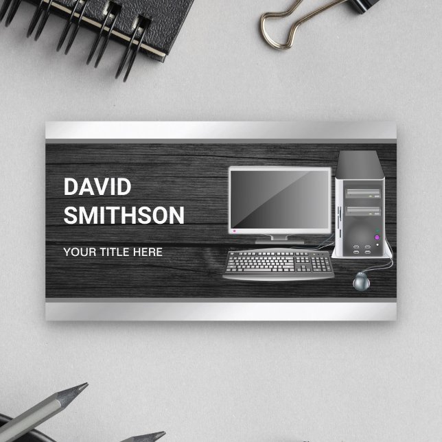 Grey Wood Desktop PC Computer Repair Technician Business Card (Creator Uploaded)