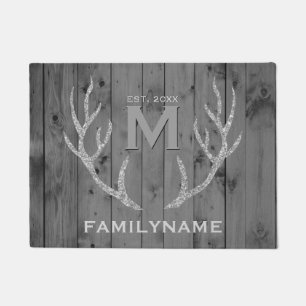 Grey Wood Glitter Deer Antlers Family Monogram Doormat