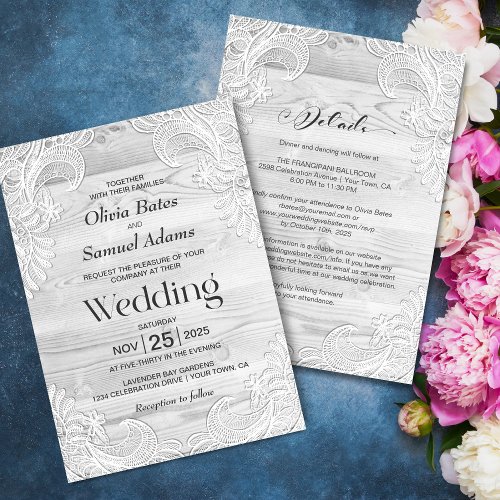 Grey Wood Lace All In One Wedding Invitation
