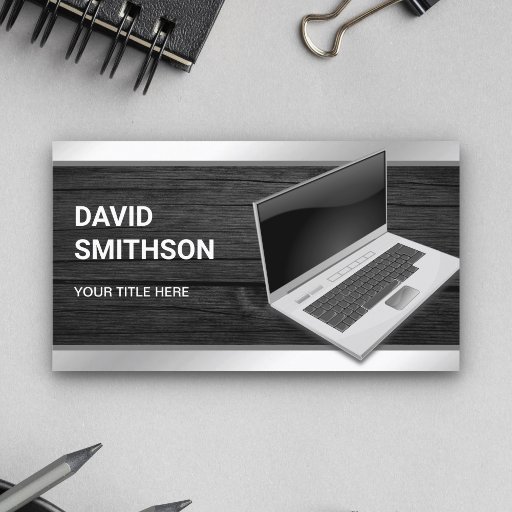 Customizable Grey Wood Laptop PC Computer Repair Technician Business Card