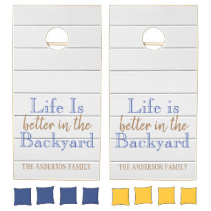 Grey Wood Life Is Better in the Backyard Name Cornhole Set