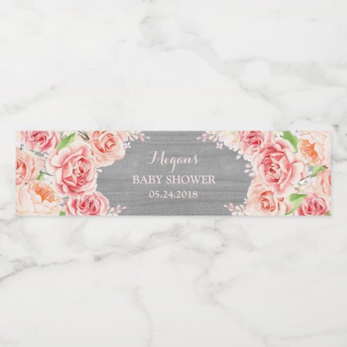 Grey Wood Pink Watercolor Flowers Baby Shower Water Bottle Label